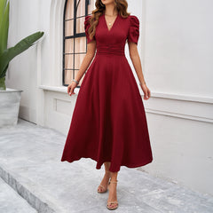 Elegant V-Neck Short Sleeve Midi Dress with Cinched Waist in 3 Colors S-XL