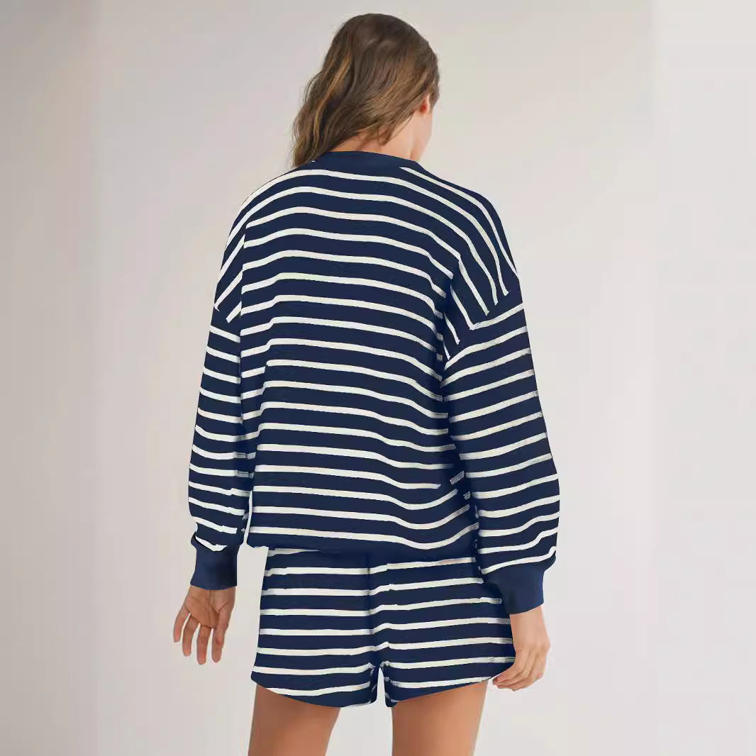 Striped Long Sleeve Top with Shorts Loungewear Set