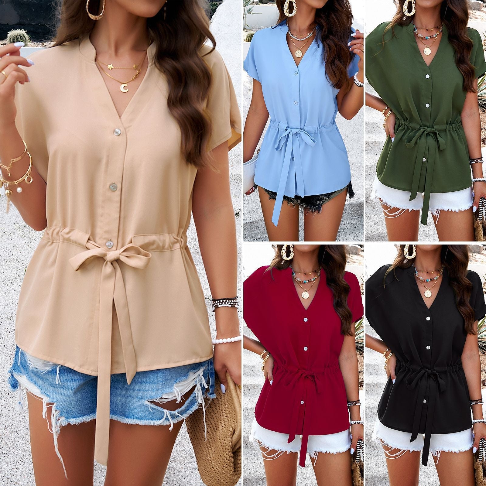 V-Neck Short Sleeve Top with Drawstring Waist in 5 Colors S-XL