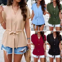 V-Neck Short Sleeve Top with Drawstring Waist in 5 Colors S-XL