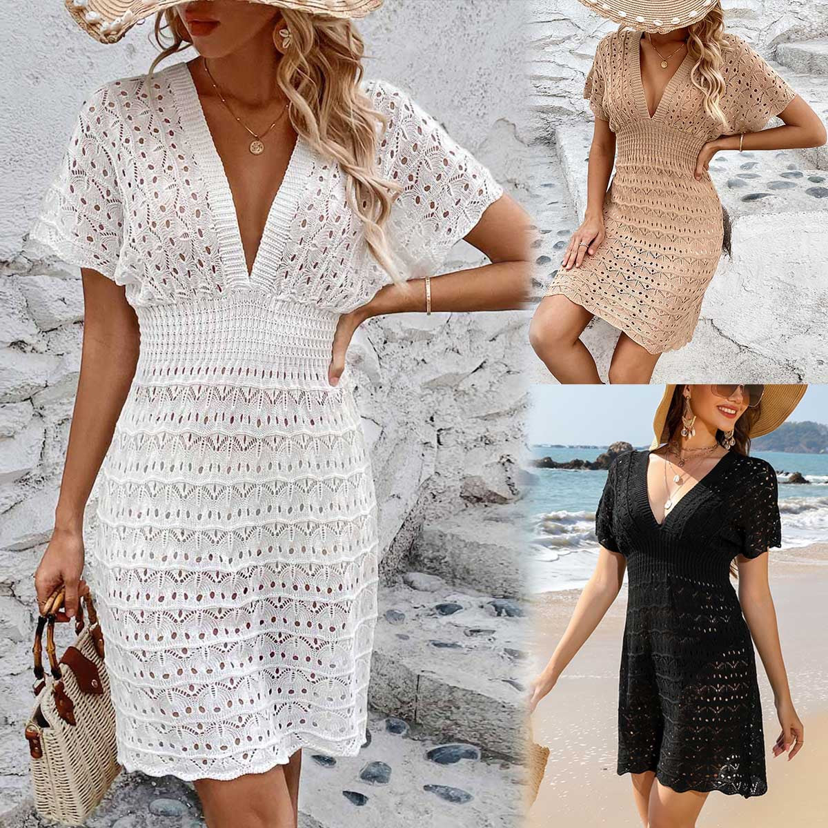 V-Neck Short Sleeve Beach Dress Coverup in 3 Colors S-XL
