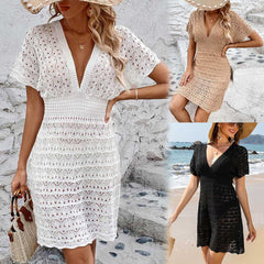 V-Neck Short Sleeve Beach Dress Coverup in 3 Colors S-XL