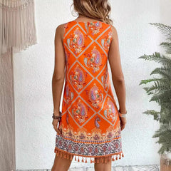 Orange Paisley Sleeveless Boho Midi Dress with Tassel Hem