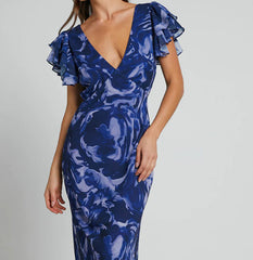 Printed Chiffon V-Neck Maxi Dress with Short Ruffled Sleeves and Open Back S-XL