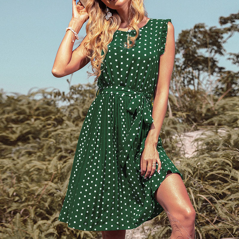 Sleeveless Polka Dot Pleated Midi Dress with Waist Tie