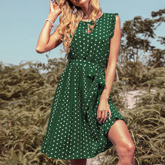 Sleeveless Polka Dot Pleated Midi Dress with Waist Tie