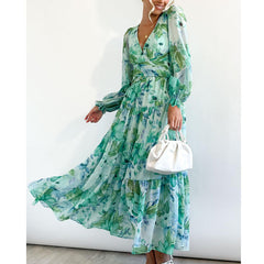 Printed V-Neck Long Sleeve Summer Maxi Dress