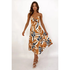 Sleeveless Leaf Print Midi Dress with Front Tie