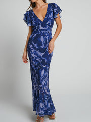 Printed Chiffon V-Neck Maxi Dress with Short Ruffled Sleeves and Open Back S-XL