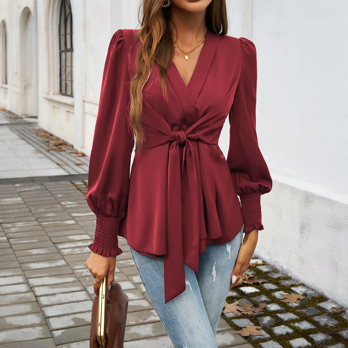 V-Neck Cuffed Long Sleeve Blouse with Waist Tie