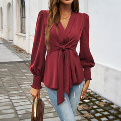 V-Neck Cuffed Long Sleeve Blouse with Waist Tie