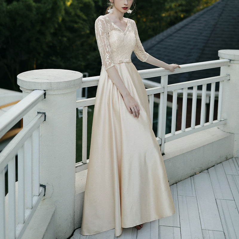 Elegant Evening Gown with Lace Sleeves in 6 Colors XS-4XL