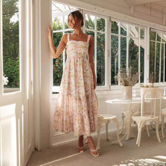 Sleeveless Square Neck Floral Maxi Dress with Open Back