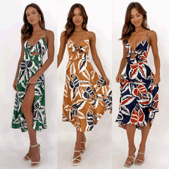 Sleeveless Leaf Print Midi Dress with Front Tie