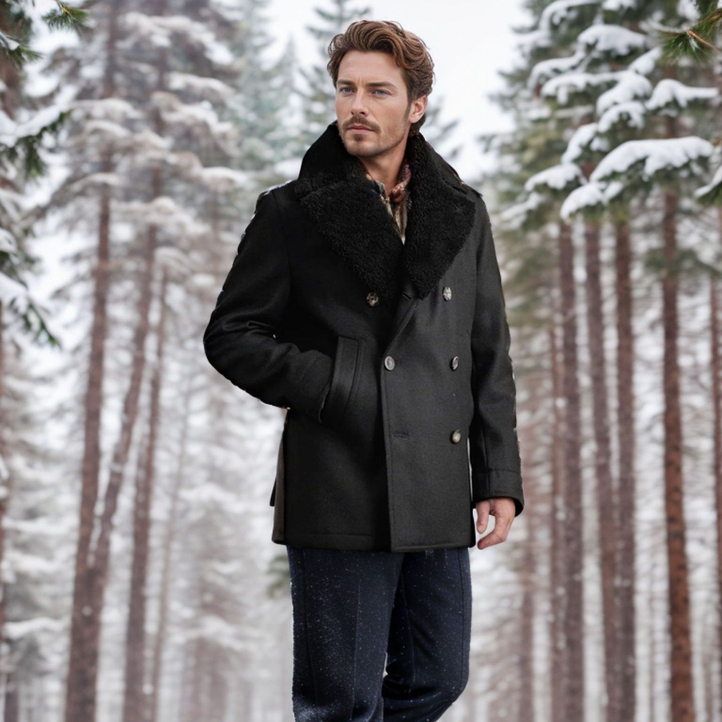 Men's Double Breasted Wool Coat with Pockets