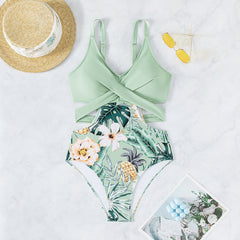 Tropical Print One Piece Swimsuit with Back Tie