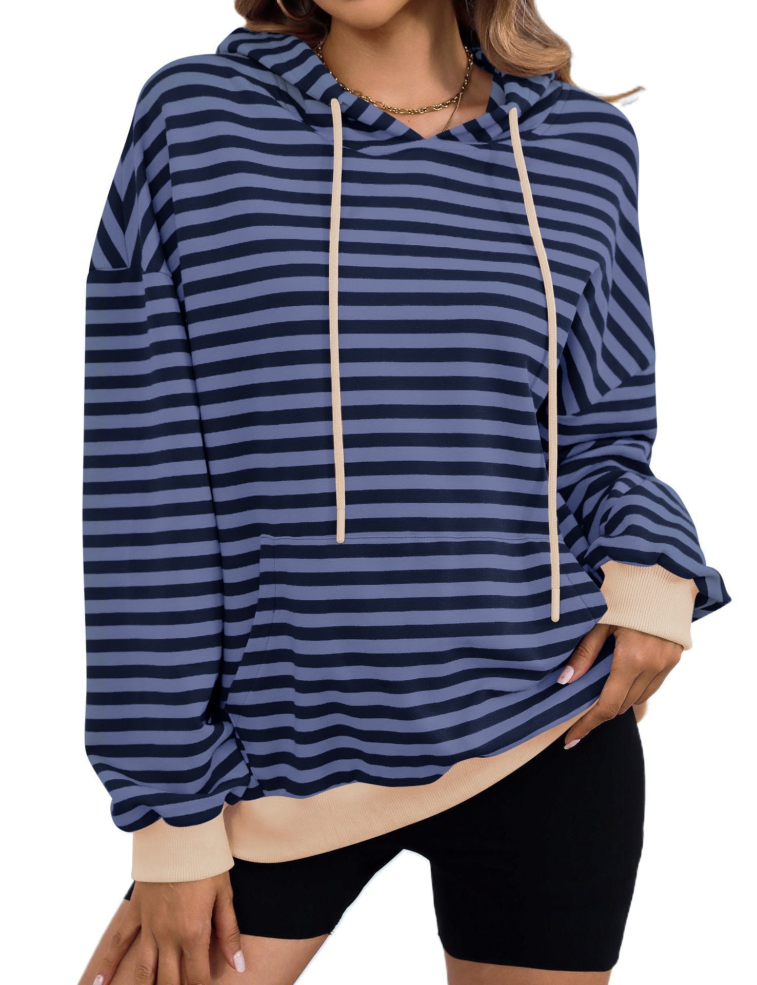 Long Sleeve Striped Hoodie with Kangaroo Pocket