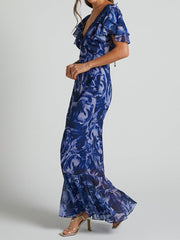 Printed Chiffon V-Neck Maxi Dress with Short Ruffled Sleeves and Open Back S-XL