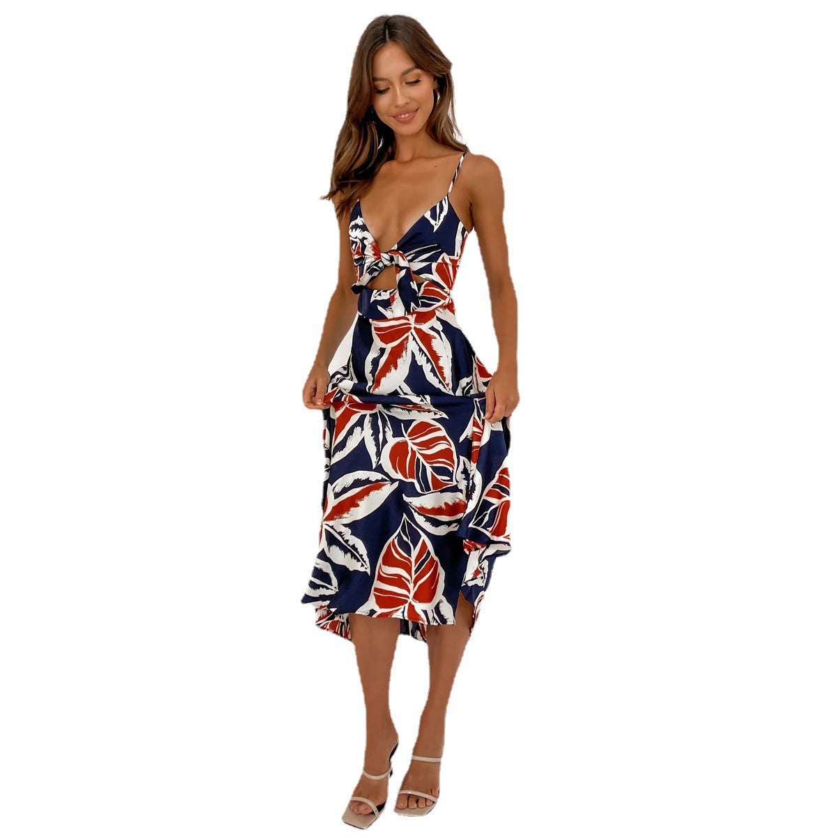 Sleeveless Leaf Print Midi Dress with Front Tie