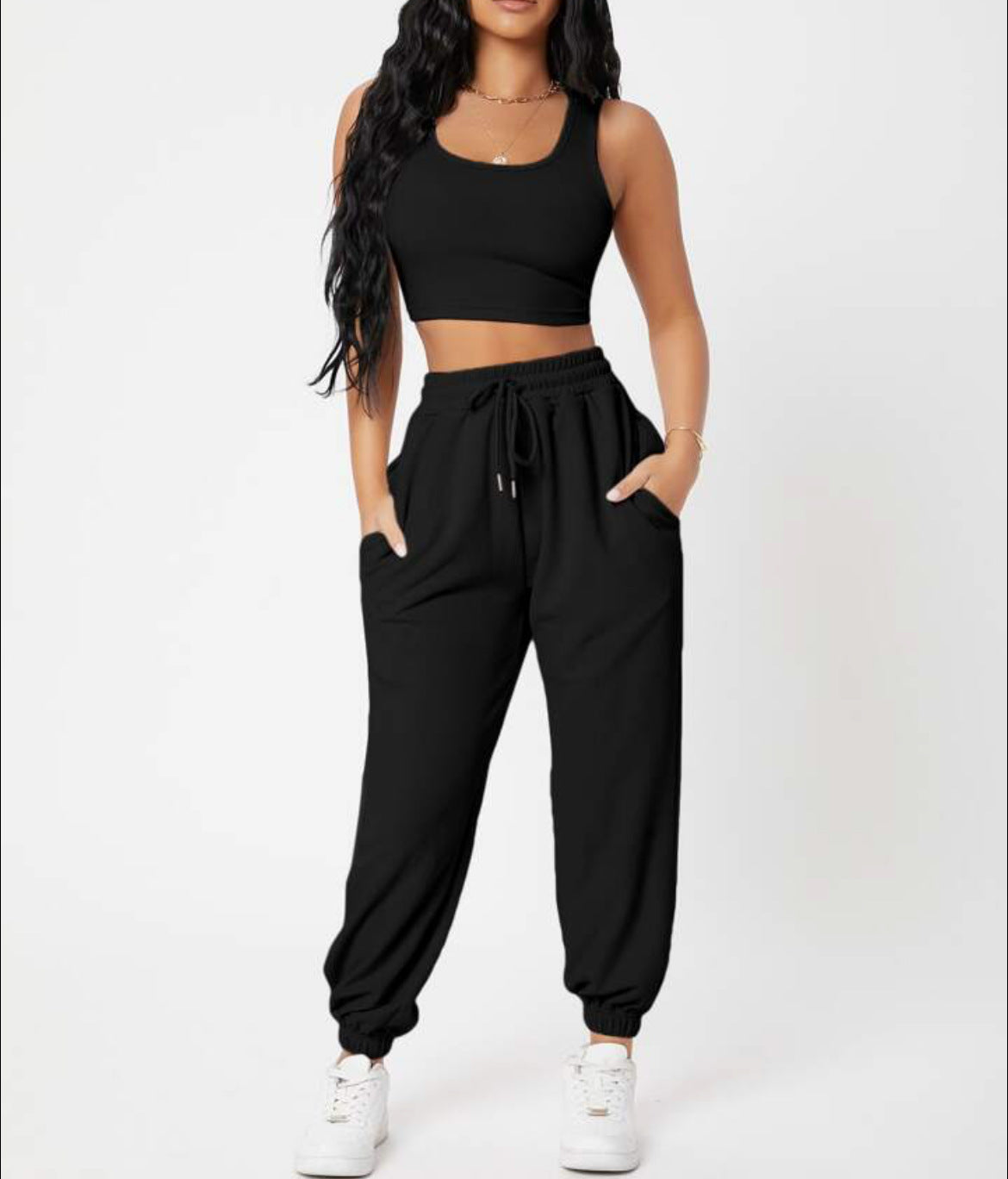 Sleeveless Crop Top with Cuffed Sweatpants Activewear Set in 7 Colors S-XL