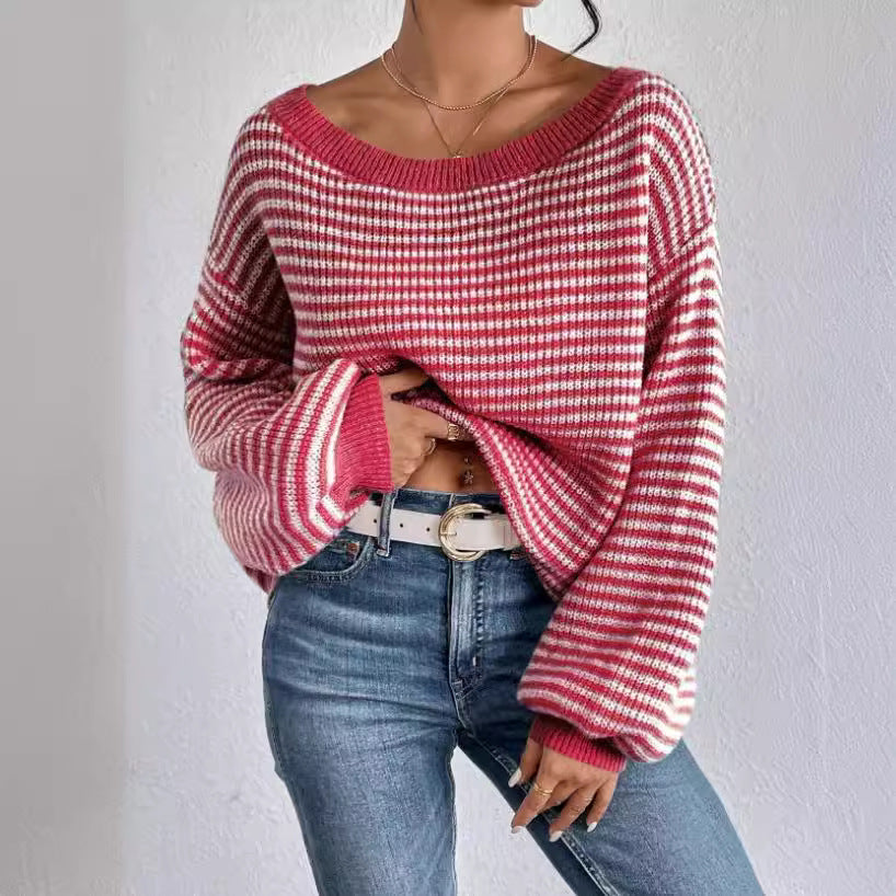 Boat Neck Long Sleeve Striped Sweater