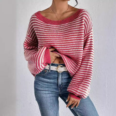 Boat Neck Long Sleeve Striped Sweater