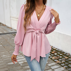 V-Neck Cuffed Long Sleeve Blouse with Waist Tie
