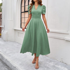 Elegant V-Neck Short Sleeve Midi Dress with Cinched Waist in 3 Colors S-XL