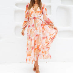 Printed V-Neck Long Sleeve Summer Maxi Dress