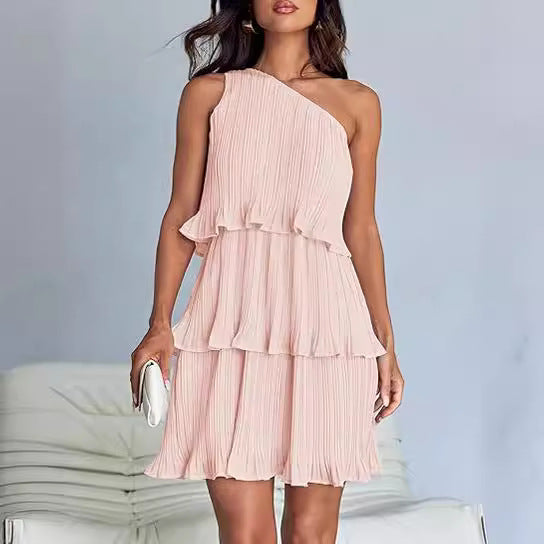 Layered One Shoulder Sleeveless Ruffled Mini Dress