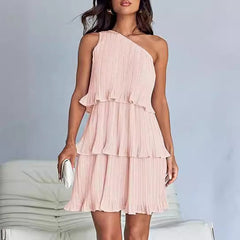Layered One Shoulder Sleeveless Ruffled Mini Dress