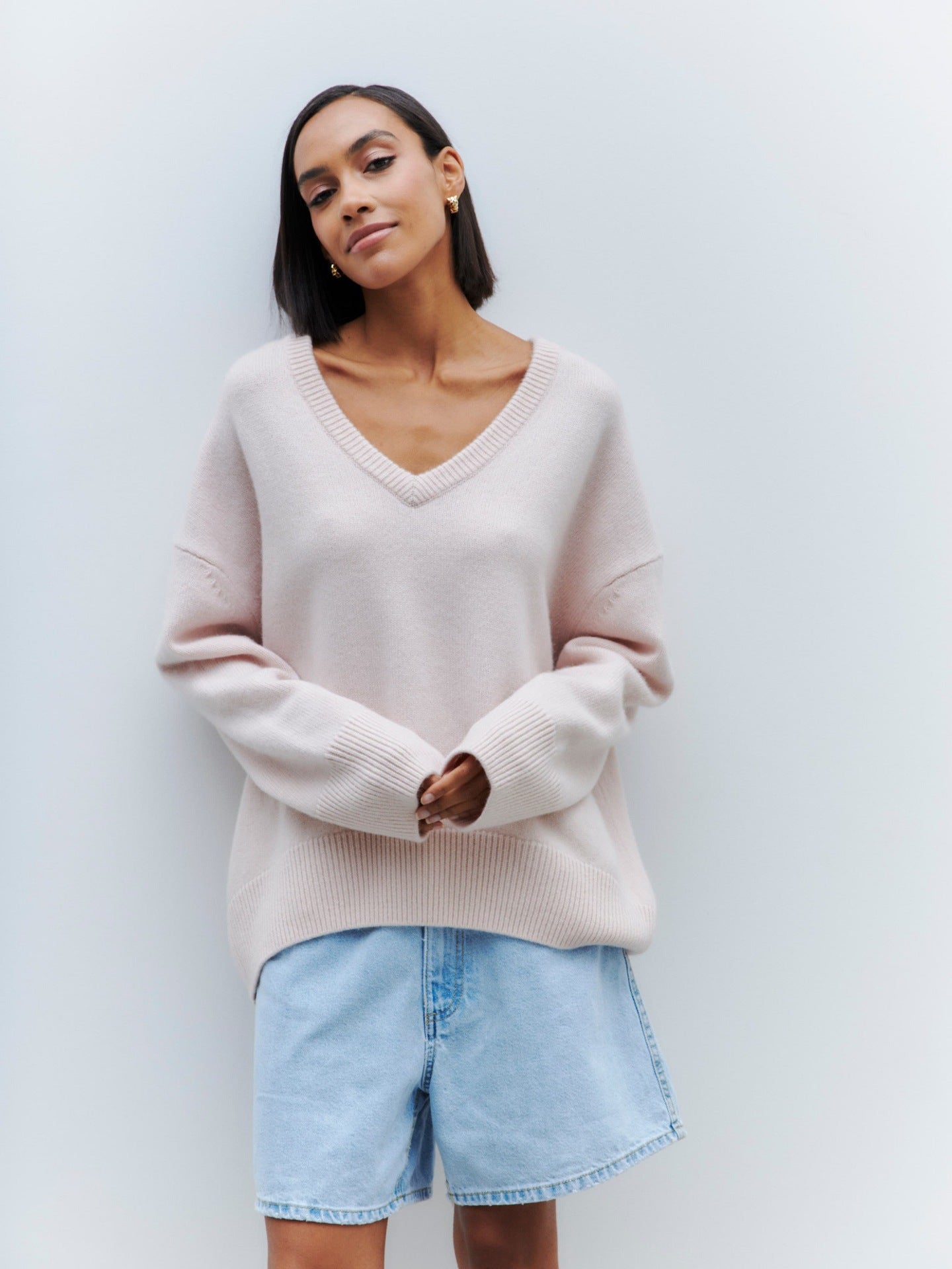 Solid Colour V-Neck Long Sleeve Sweater