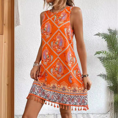 Orange Paisley Sleeveless Boho Midi Dress with Tassel Hem