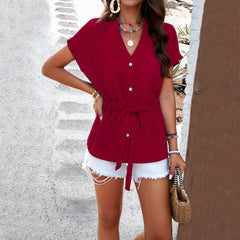 V-Neck Short Sleeve Top with Drawstring Waist in 5 Colors S-XL