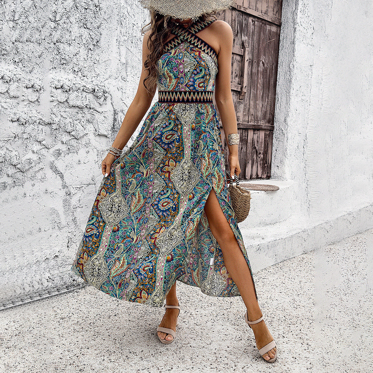 Paisley Print Halterneck Midi Dress with Leg Slit S-XL
