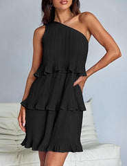 Layered One Shoulder Sleeveless Ruffled Mini Dress
