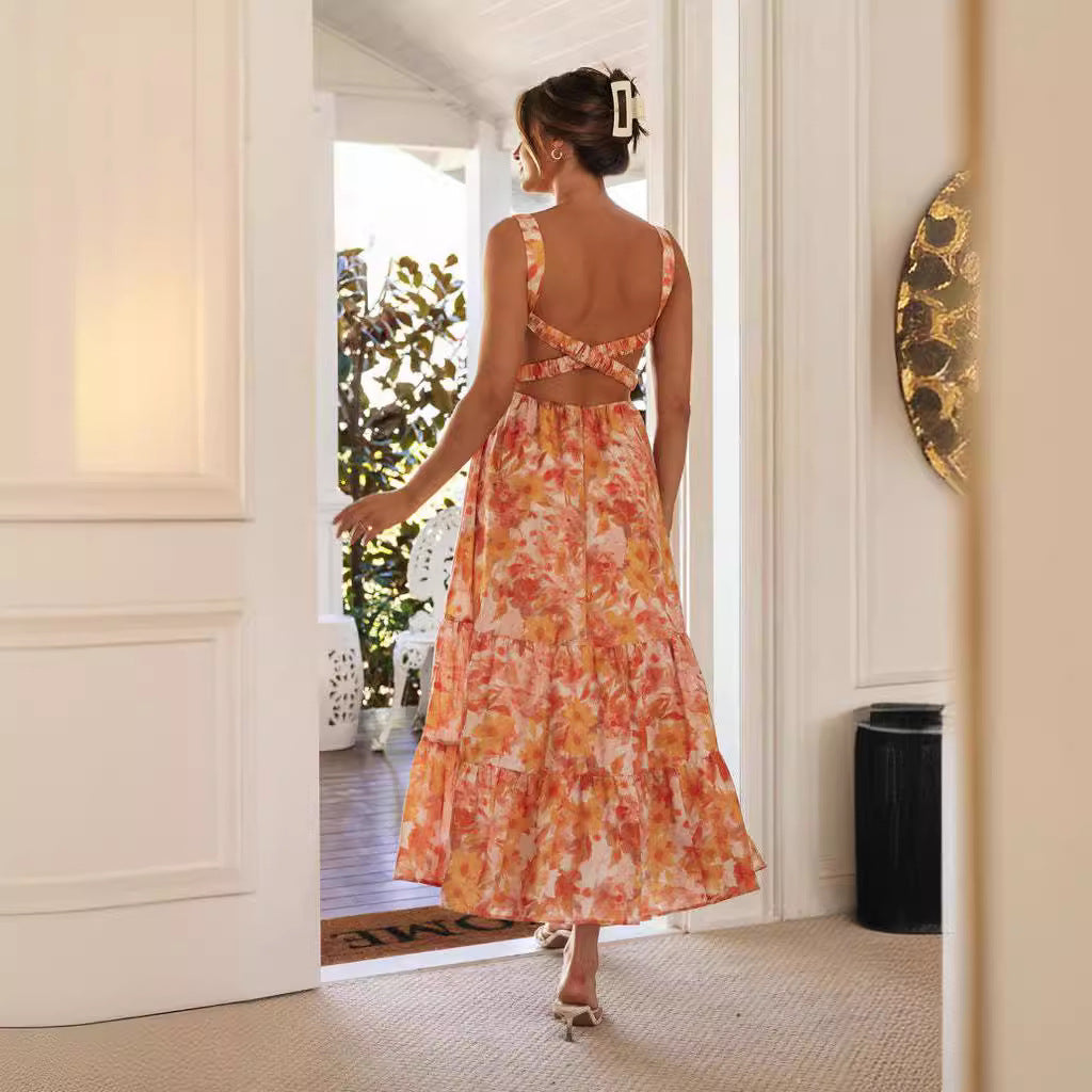 Sleeveless Square Neck Floral Maxi Dress with Open Back