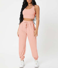 Sleeveless Crop Top with Cuffed Sweatpants Activewear Set in 7 Colors S-XL