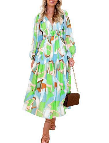 Printed V-Neck Long Sleeve Summer Maxi Dress