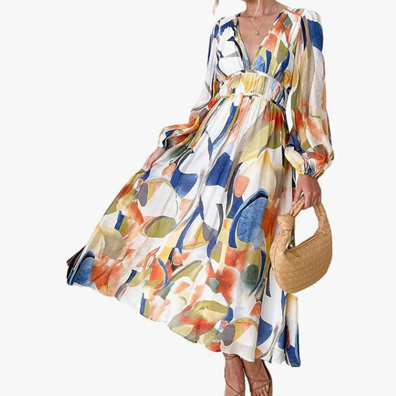 Printed V-Neck Long Sleeve Summer Maxi Dress