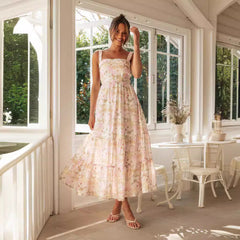 Sleeveless Square Neck Floral Maxi Dress with Open Back