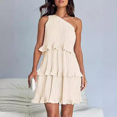 Layered One Shoulder Sleeveless Ruffled Mini Dress