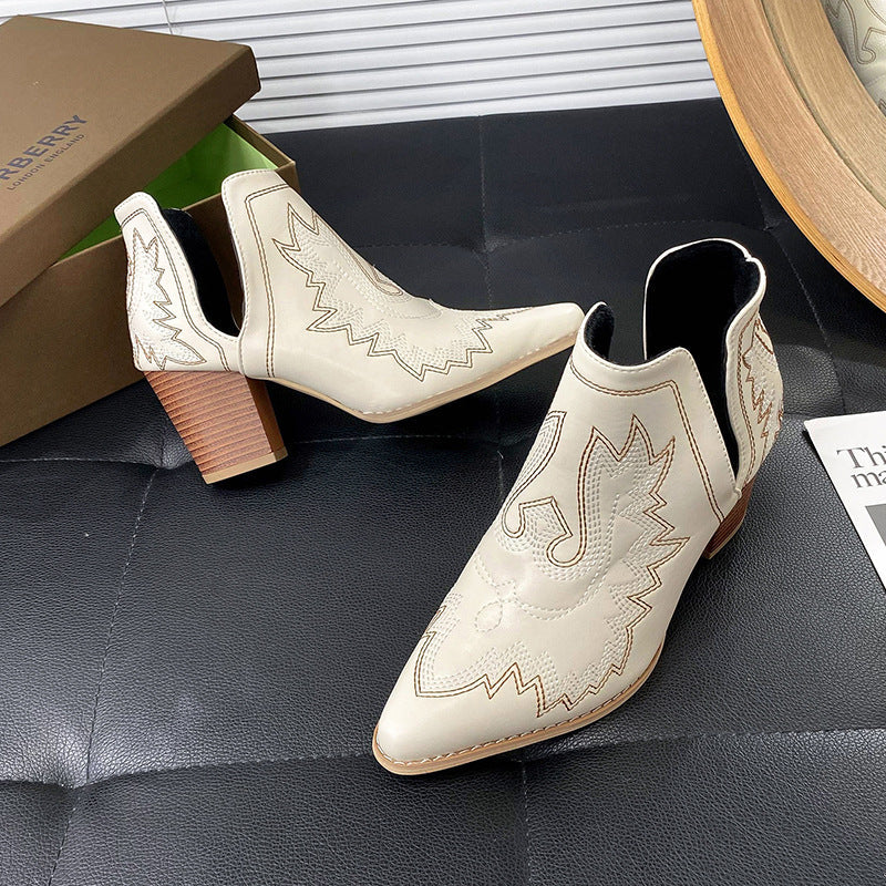 Embroidered Pointed Toe Ankle Cowboy Boots