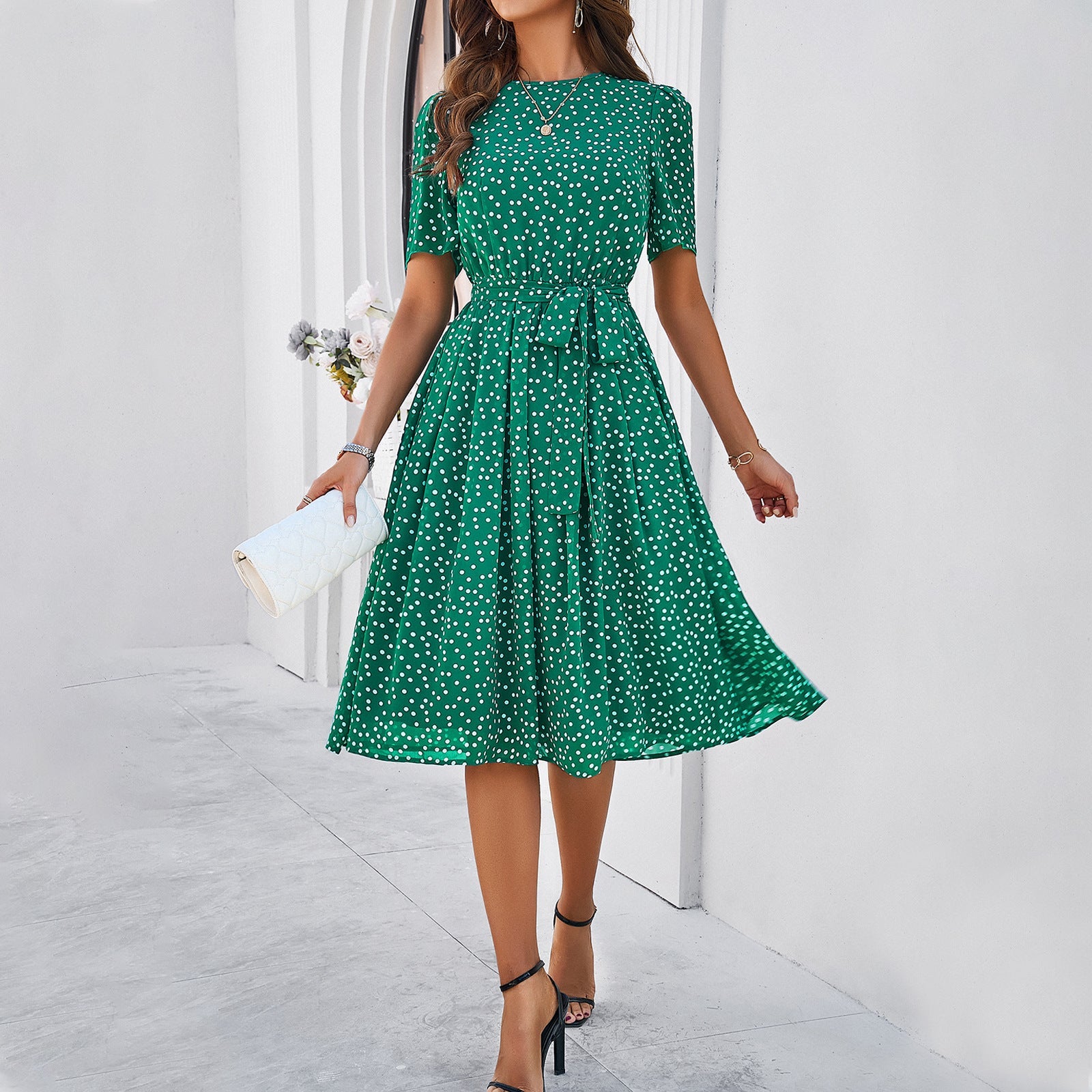 Short Sleeve Polka Dot Dress in 5 Colors S-XL