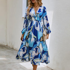 Printed V-Neck Long Sleeve Summer Maxi Dress