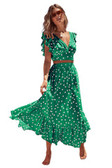 Polka Dot V-Neck Crop Top with Maxi Skirt Set