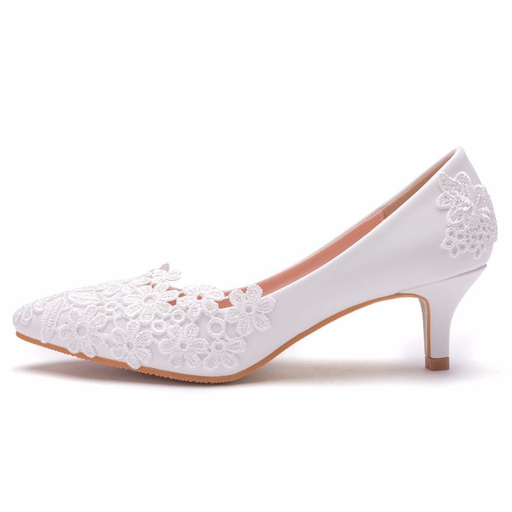 White Short Stiletto Heel Wedding Shoes with Pointed Toe and Lace Flowers