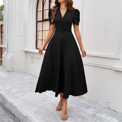 Elegant V-Neck Short Sleeve Midi Dress with Cinched Waist in 3 Colors S-XL