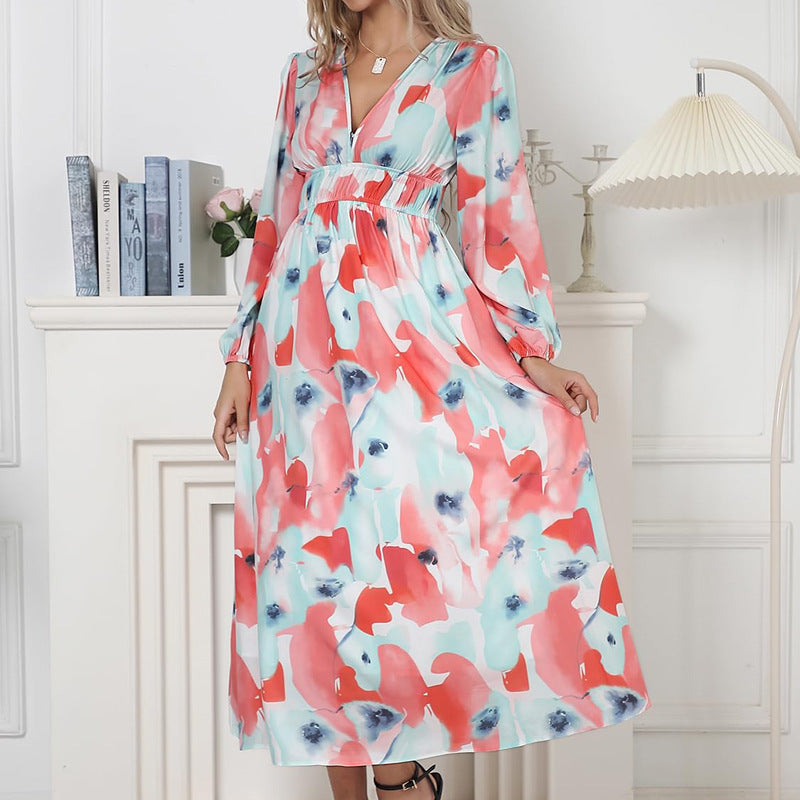 Printed V-Neck Long Sleeve Summer Maxi Dress