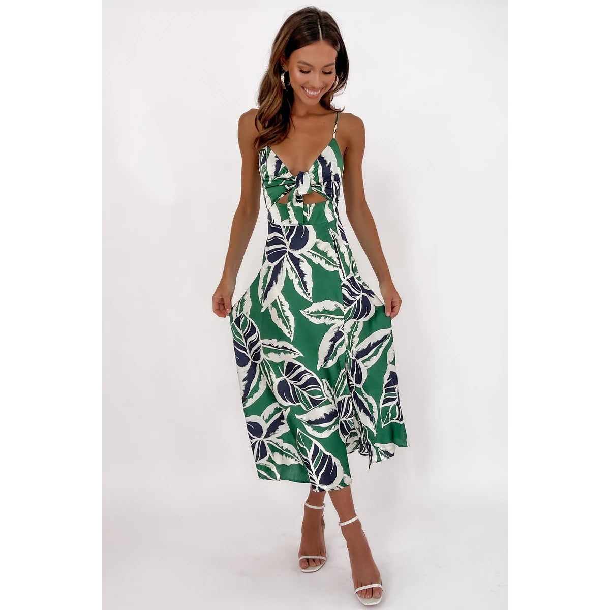 Sleeveless Leaf Print Midi Dress with Front Tie